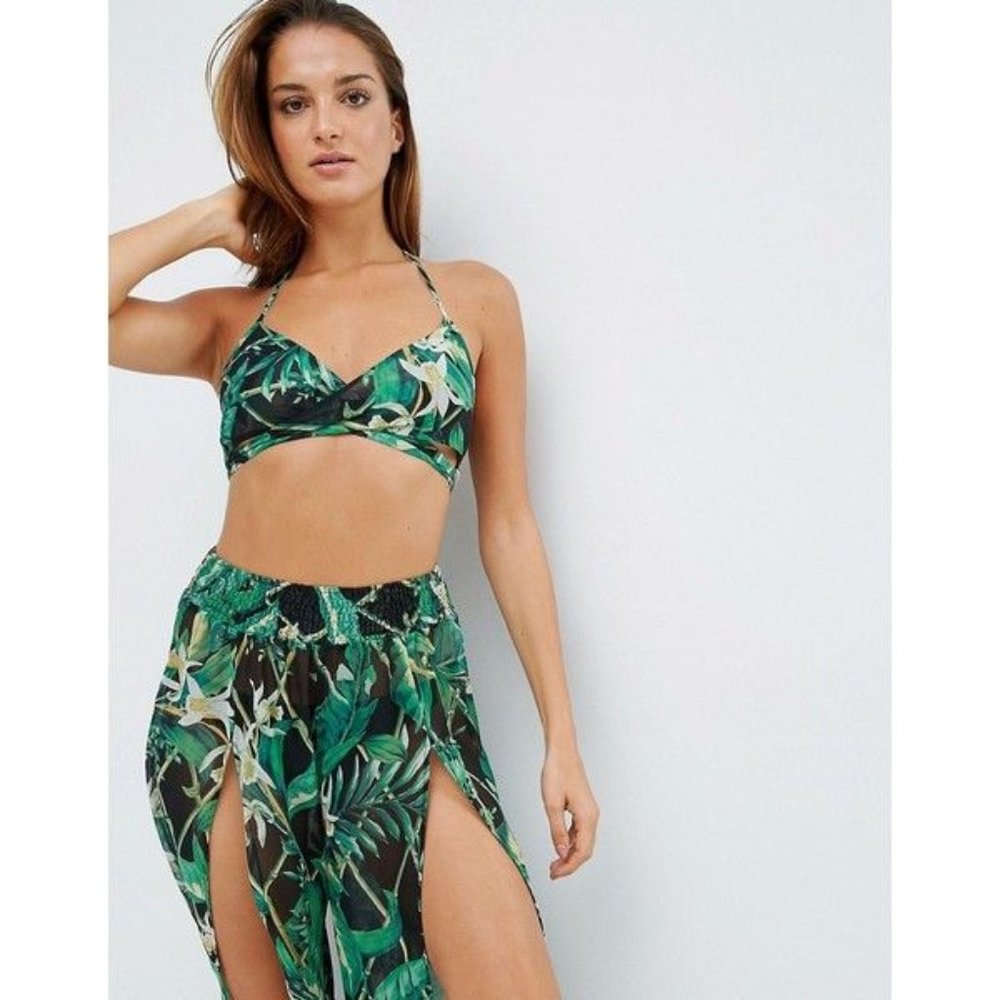 ASOS Bright Bamboo Palm Print Wrap Beach Crop Top